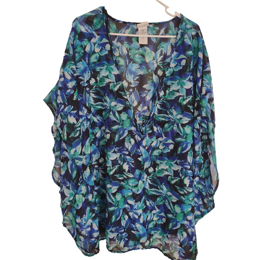 Jaclyn Smith Sheer Kimono Sleeve Oversized‎ Blouse Beach Cover-up Size Large
